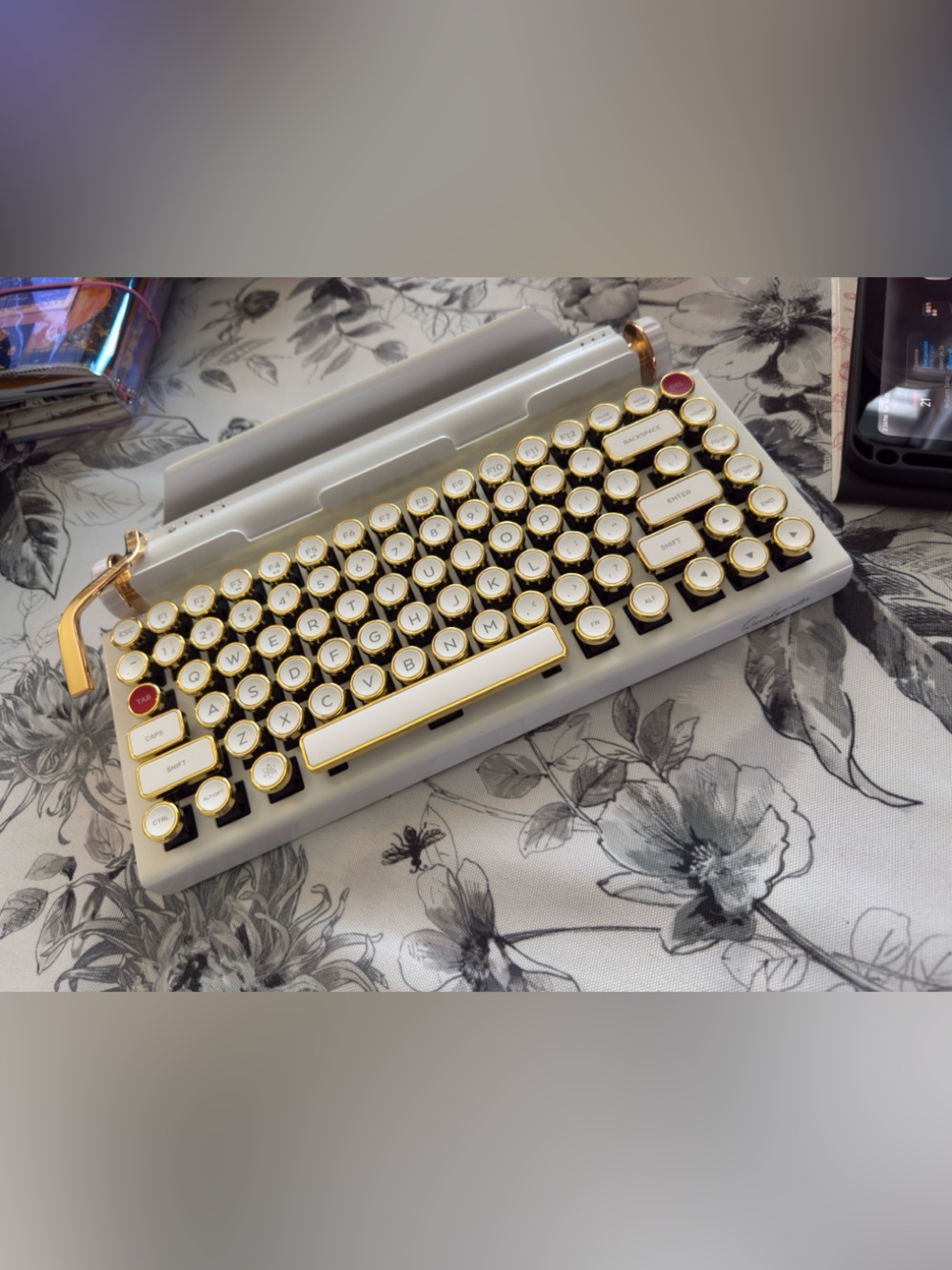 Qwerkywriter Retro Mechanical Keyboard in White with Gold Accents